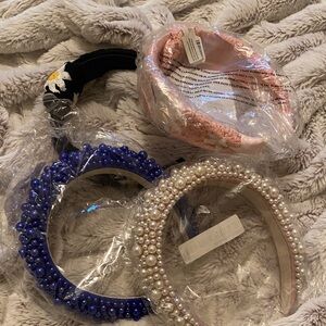 Anthropologie Pearl and Beaded Headband Trio - Black, Blue, Pink